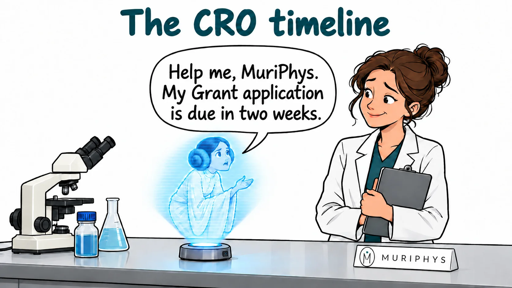 Workshop cartoon: a scientist tells MuriPhys that the grant application is due in two weeks